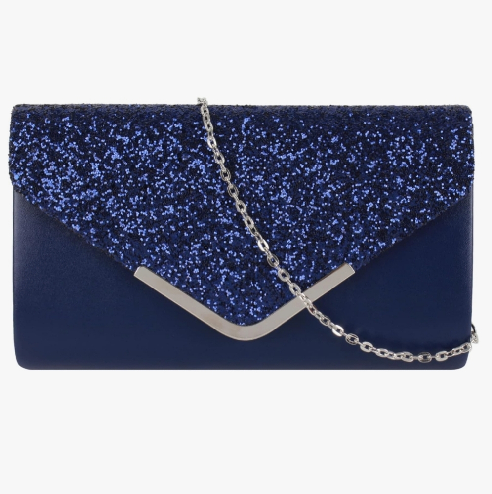 Women Blue Rhinestone Clutch Purse. Elegance Leather Evening Bag.